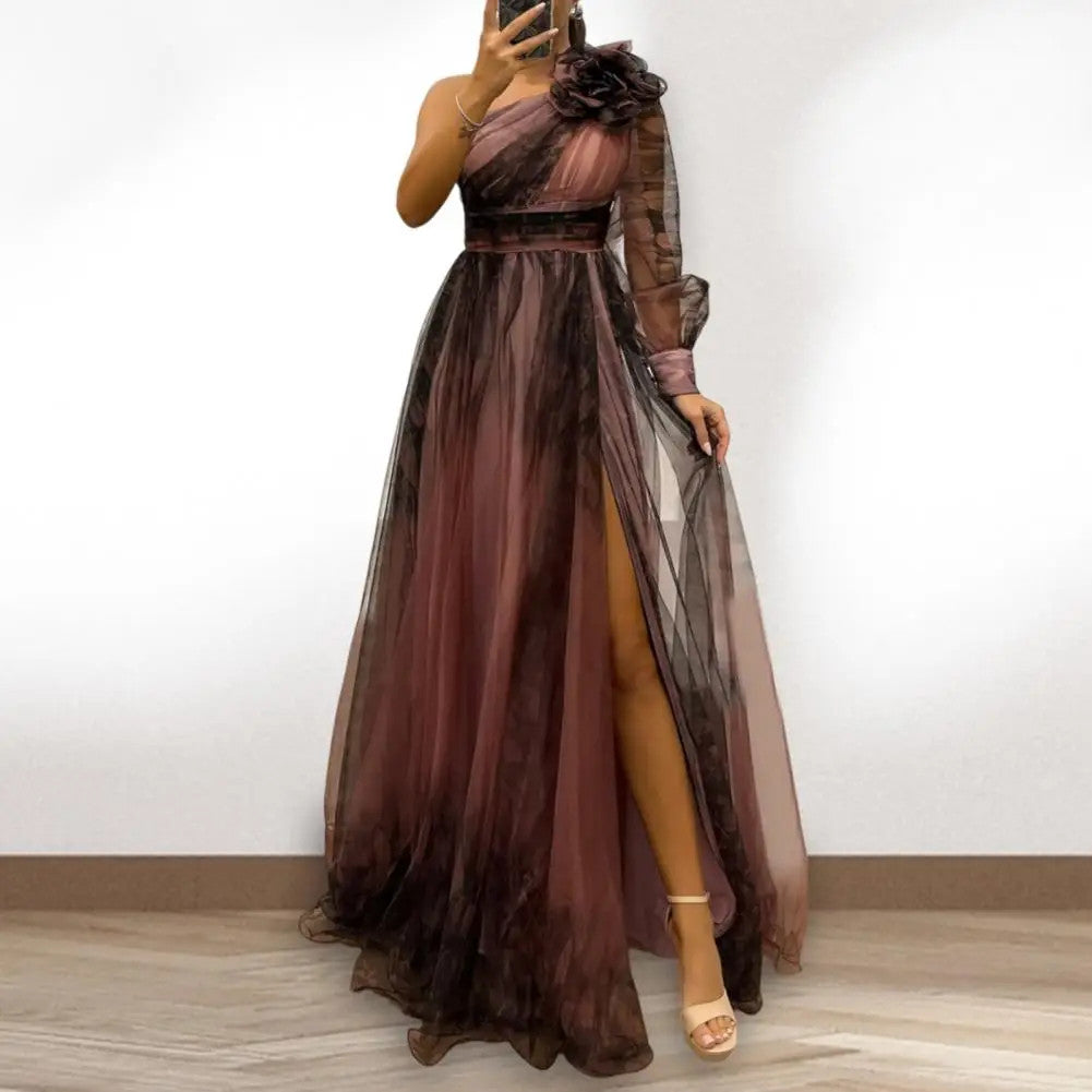 One Shoulder Pleated Chiffon Evening Dress | Floor-Length A-Line | 3D Floral | S–XL