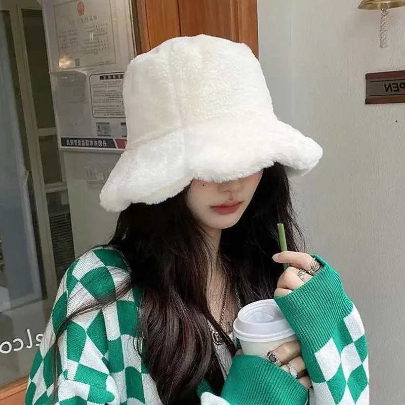 Women Girls Faux Fur Bucket Hat Plush Warm Fisherman Hat Outdoor Windproof
