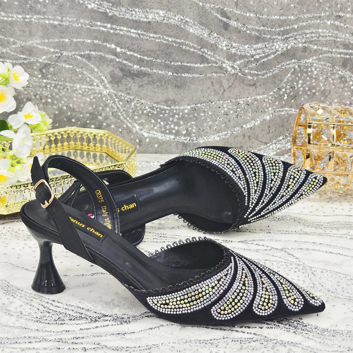 Diamond Studded Slingback Heels & Bag Matching Set — Butterfly Knot | 7 Colours | EU 37–43