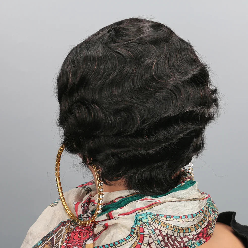 Women's Brown Short Ocean Pixie Wave 100% Human Hair Wig