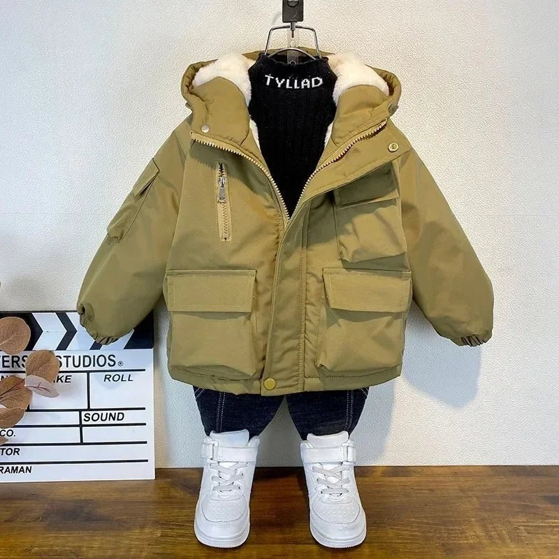New Winter Down Cotton Jacket Boys Black Hooded Coat Children Outerwear