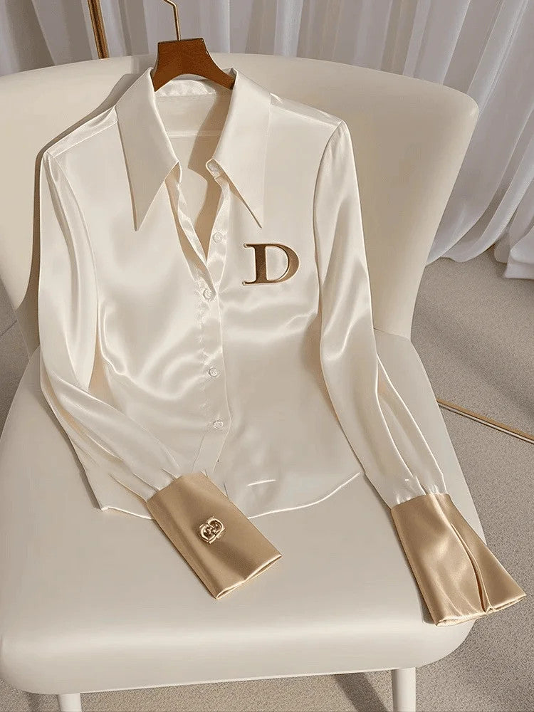 High Quality Fashion Women's White Satin Shirt Turn Down Collar Long Sleeve