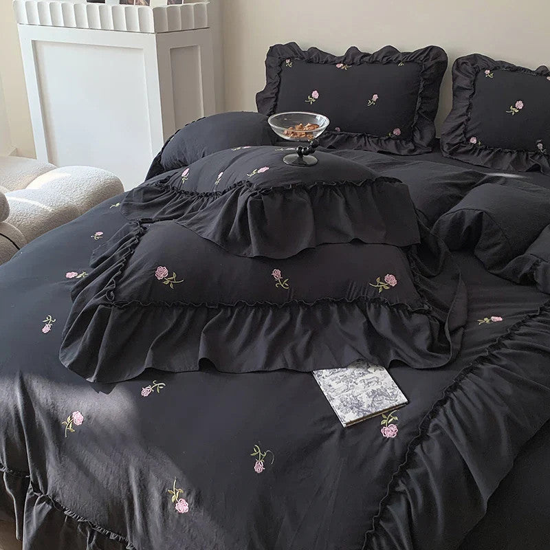 3pcs Rose Embroidered Duvet Cover Set (1*Duvet Cover + 2*Pillowcase, Without