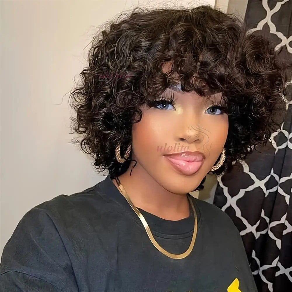 99J burgundy Fumi Curly Bob Wig Bouncy Pixie Cut Wig Highlight Full Machine Egg