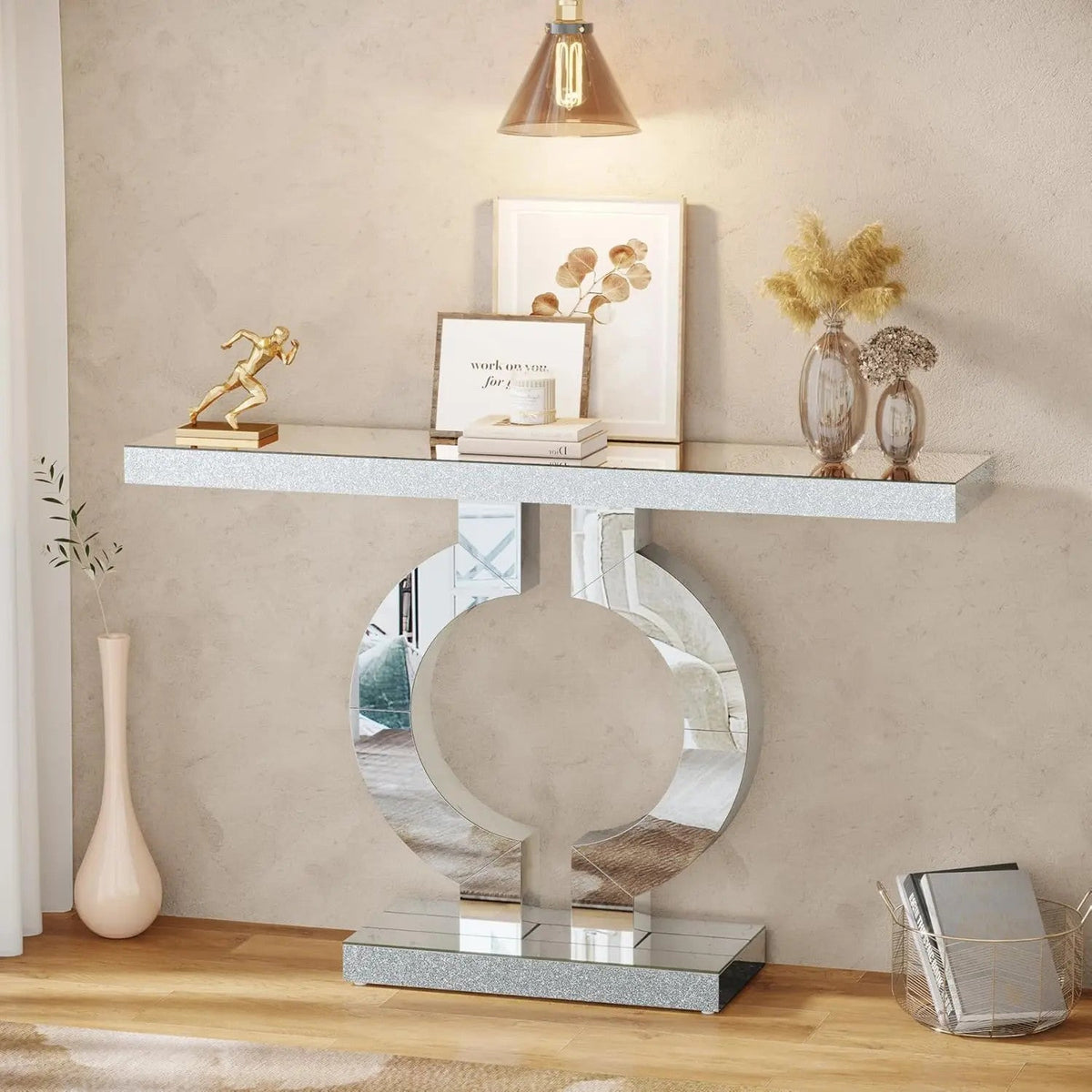 Mirrored Console Table – 110cm | Modern Minimalist Entryway Table | Glass Top | Light Grey & Silver