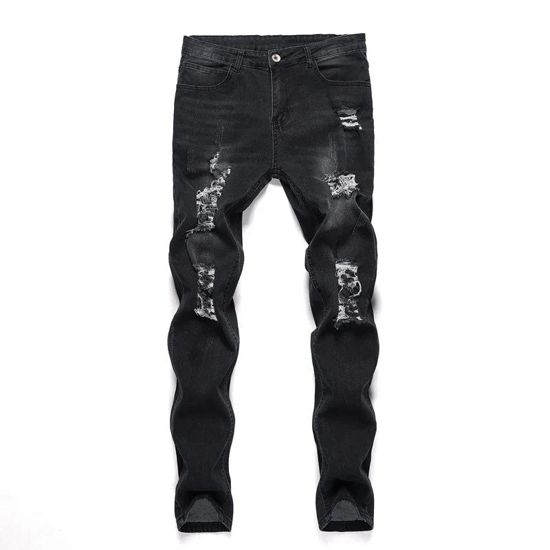 2025 New Fashion Street Style Ripped Skinny Jeans Men Vintage wash Solid Denim