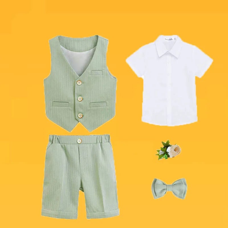 Children Green White Baptism Photography Suit Kids Vest Shirt Shorts Bowtie