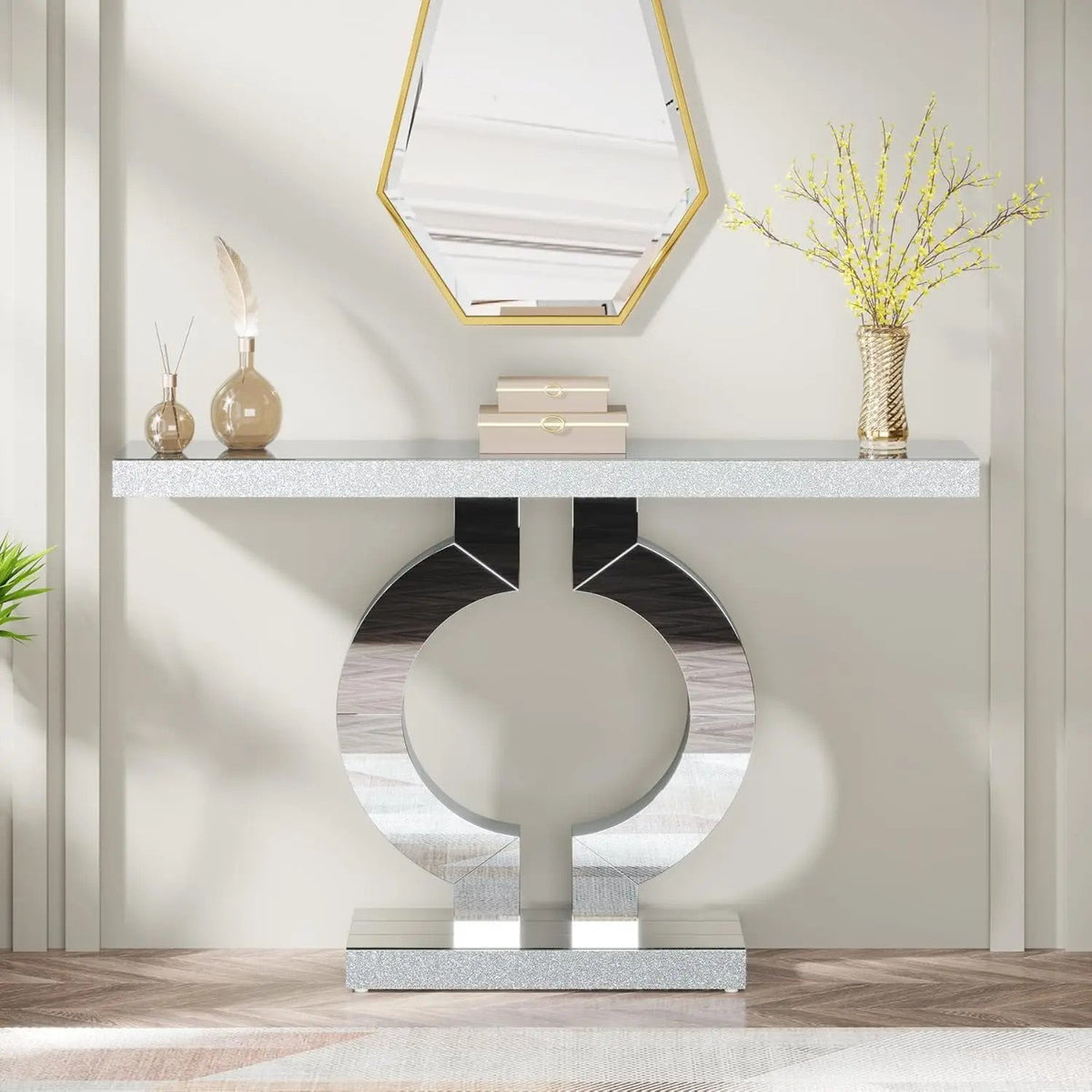 Mirrored Console Table – 110cm | Modern Minimalist Entryway Table | Glass Top | Light Grey & Silver