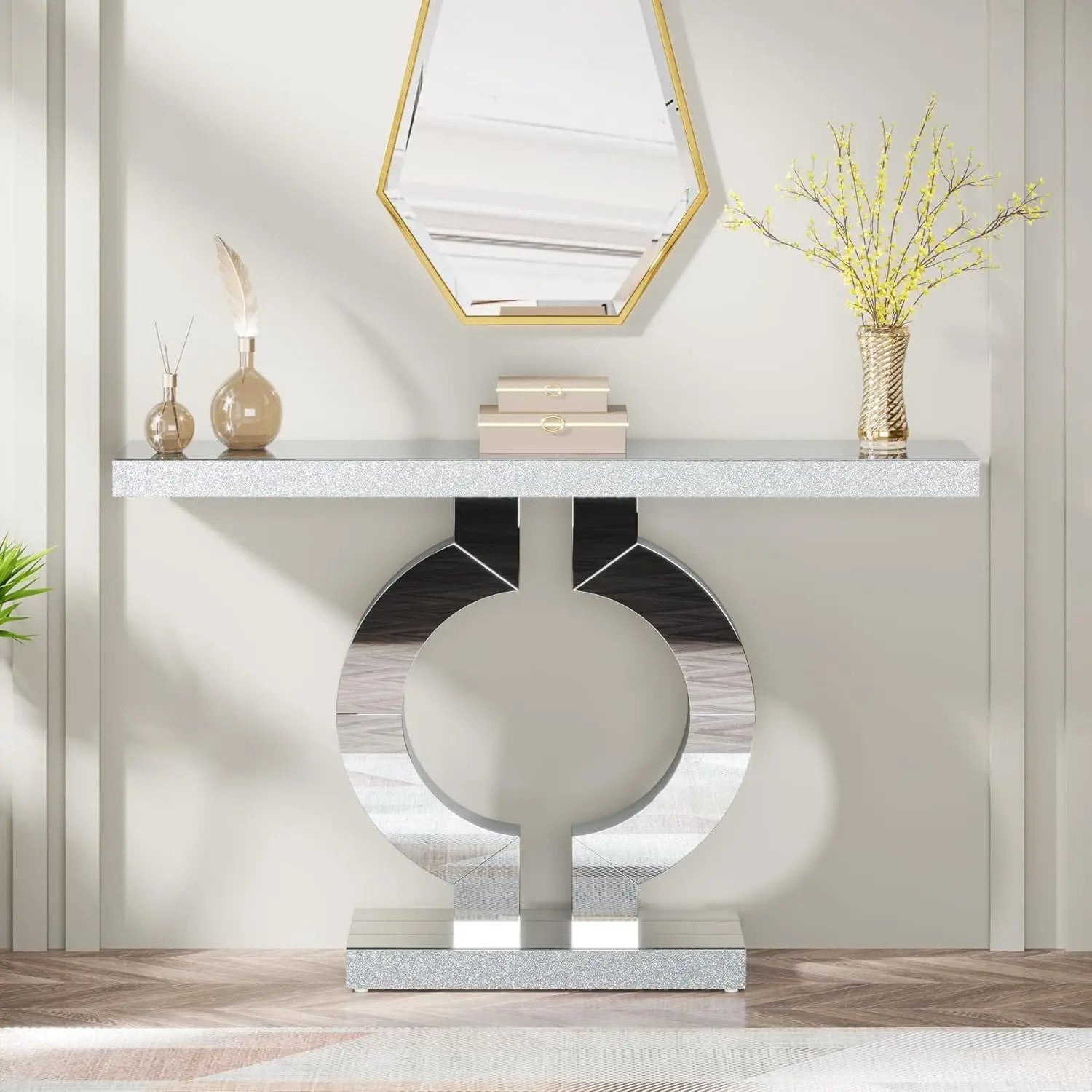 43.3-Inch (110cm)Mirrored Console Table, Modern Entryway Table with Thickened