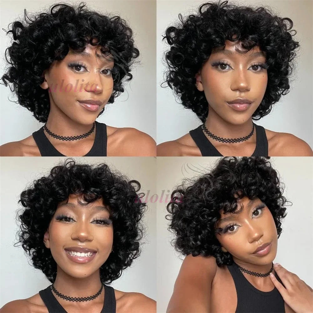 99J burgundy Fumi Curly Bob Wig Bouncy Pixie Cut Wig Highlight Full Machine Egg