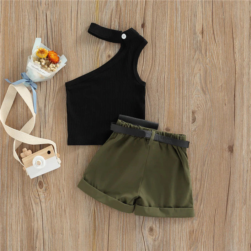 1-5 Years Infant Girl Casual Set Tanks Tops + Shorts + Waist Bag Pockets