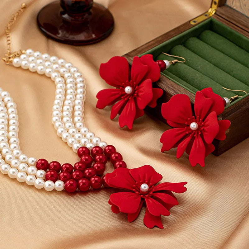 Necklace Big Red Flowers Pendant 3 Layers of Pearl Chain Women Girls Gifts