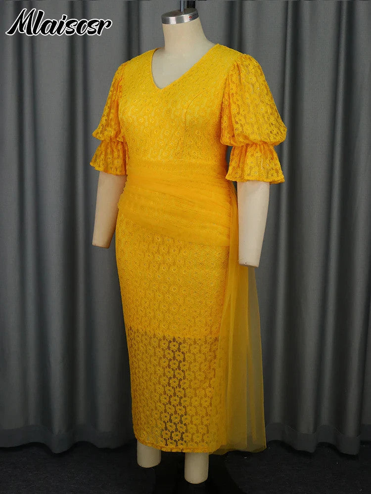 Mlaiscsr Yellow Birthday Prom Floral Lace Puff Sleeve See-Through Midi Dresses