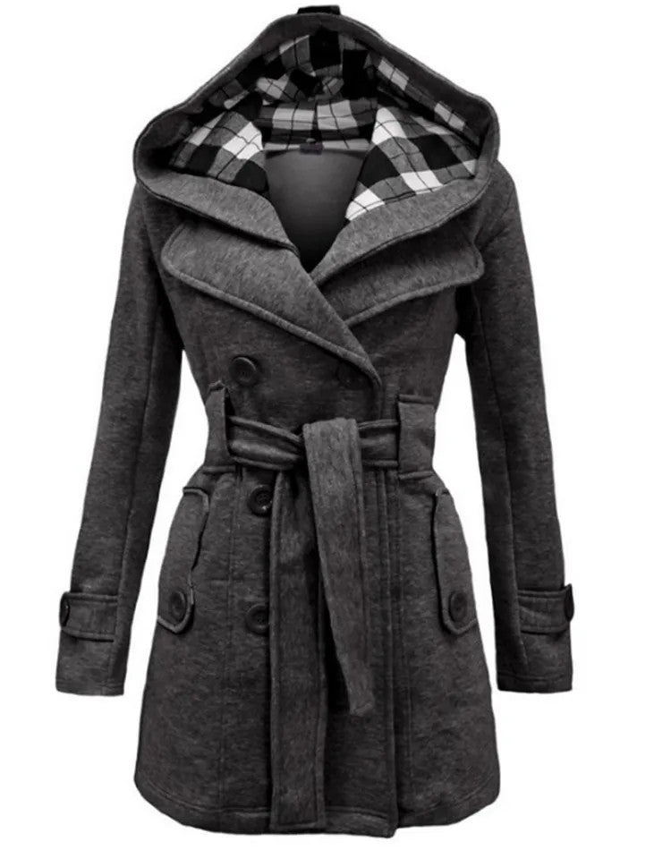 Fashionable Women's Woolen Warm Fleece Double Breast Jacket With Belts