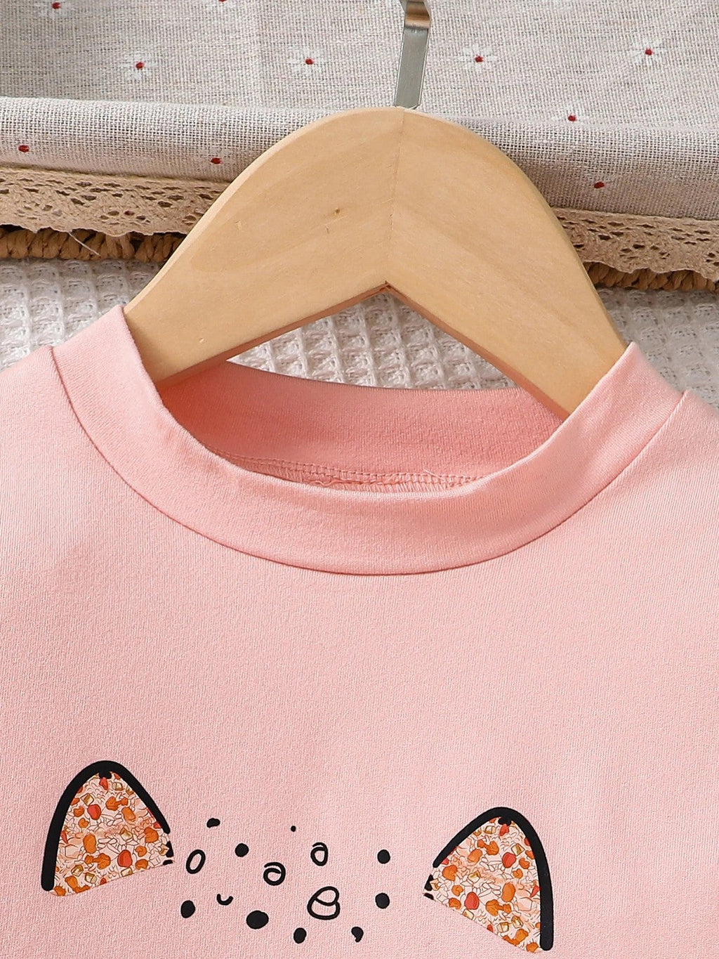 Spring and autumn girls fashion cute 2-piece set micro-elastic pink round neck
