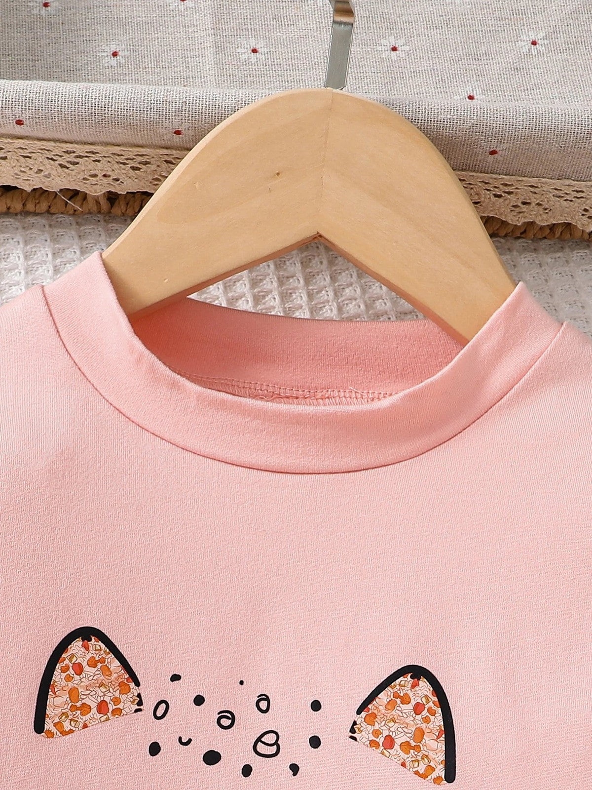 Spring and autumn girls fashion cute 2-piece set micro-elastic pink round neck