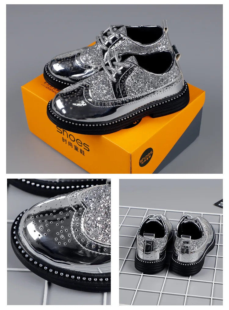 Boys Hollow Out silver Shoes Leather for Kids Party Wedding Dance Shoe Dress