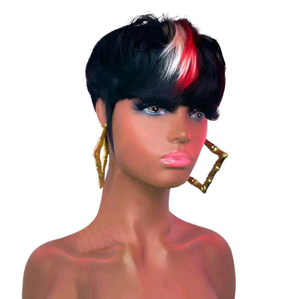 613 Blue Highlight Short Straight Bob Wigs Pixie Human Hair Wig With Bangs Full