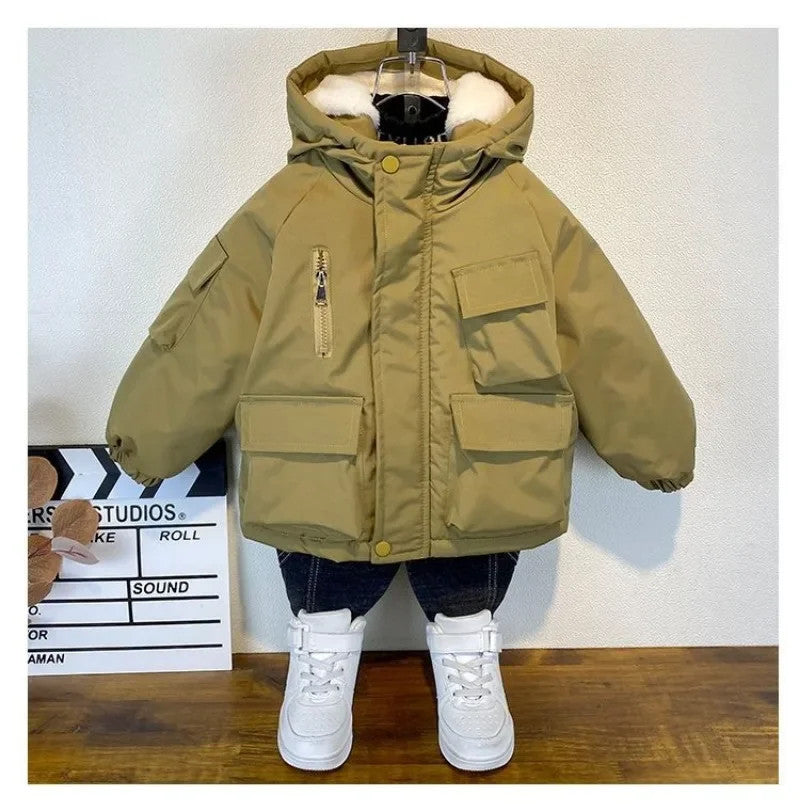 New Winter Down Cotton Jacket Boys Black Hooded Coat Children Outerwear