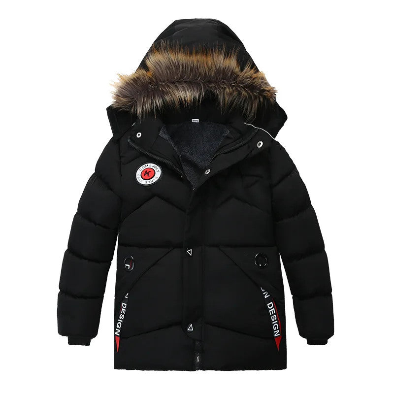 2-8 Years Winter Boys Jacket Thick Keep Warm Lining Plush Detachable Hat Hooded