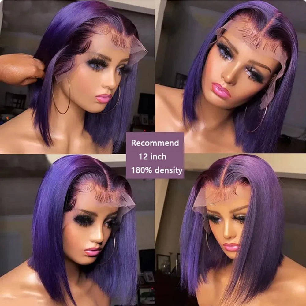 Short Bob Wig 180% Dark Purple Lace Front Human Hair Wigs For Women 13x4 Lace