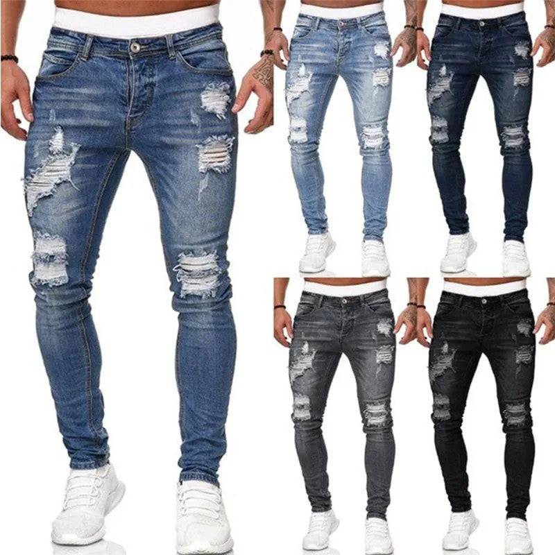 2025 New Fashion Street Style Ripped Skinny Jeans Men Vintage wash Solid Denim