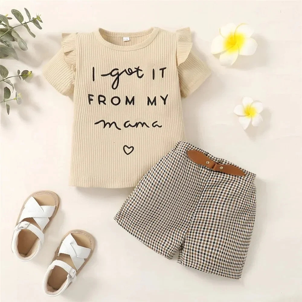 2PCS Toddler Baby Girl Clothing Set Letter Print Short Sleeve Top+Checkered