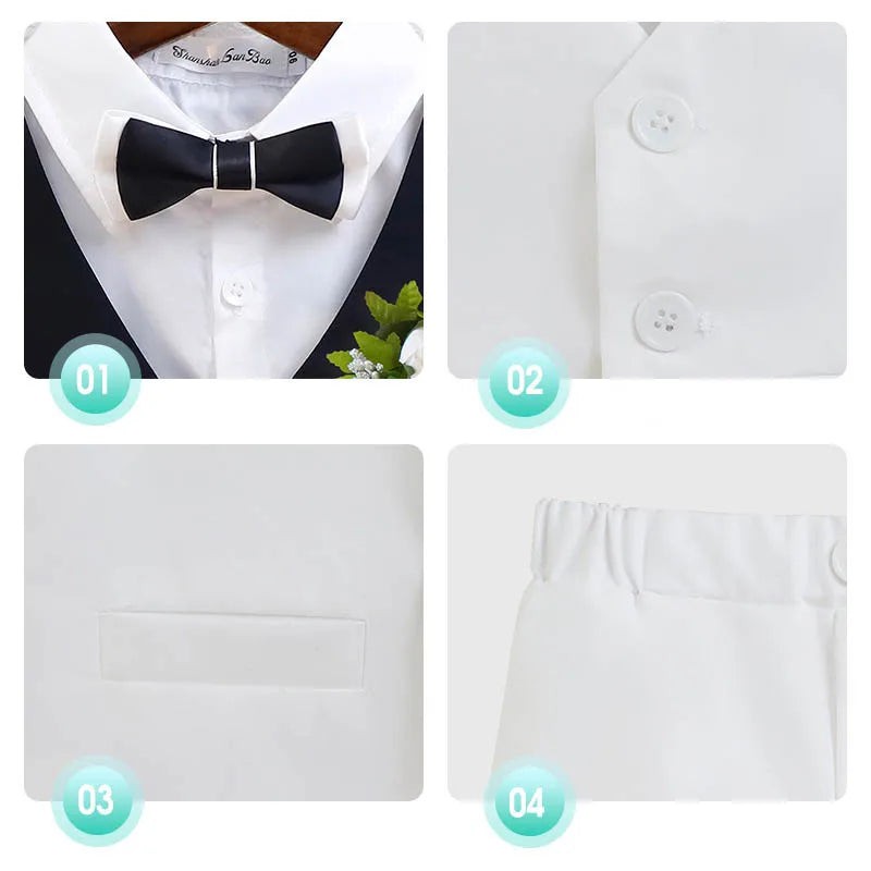 Children Green White Baptism Photography Suit Kids Vest Shirt Shorts Bowtie