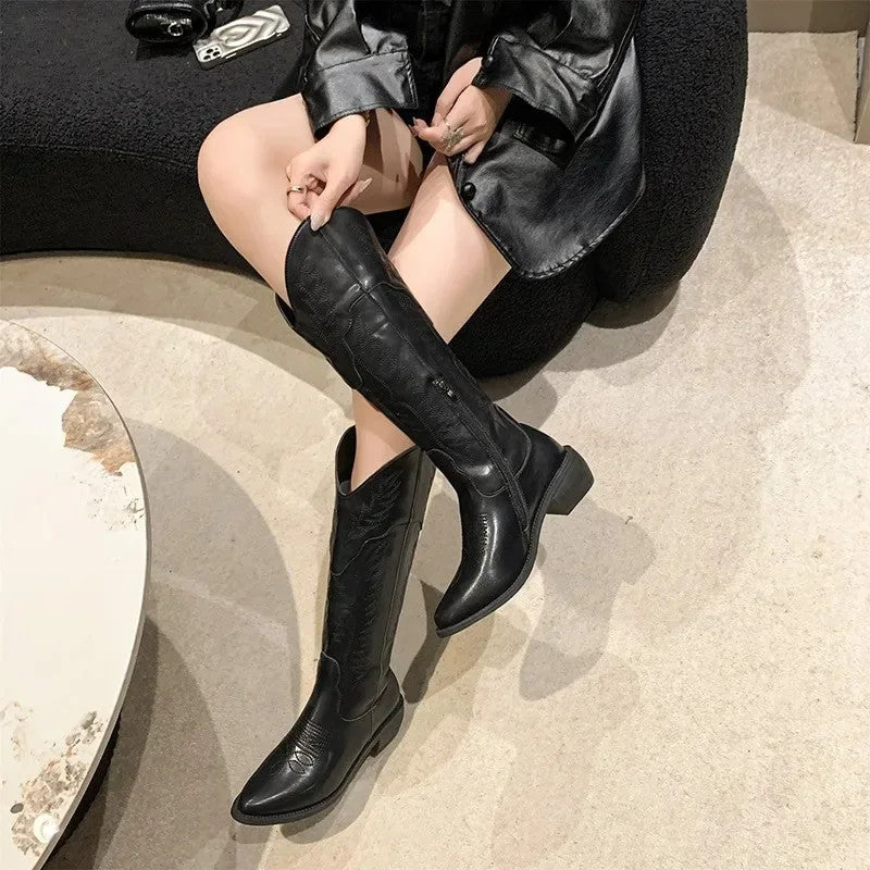 Vintage Black Western Cowboy Boots for Women Heels PU Leather Ankle Booties
