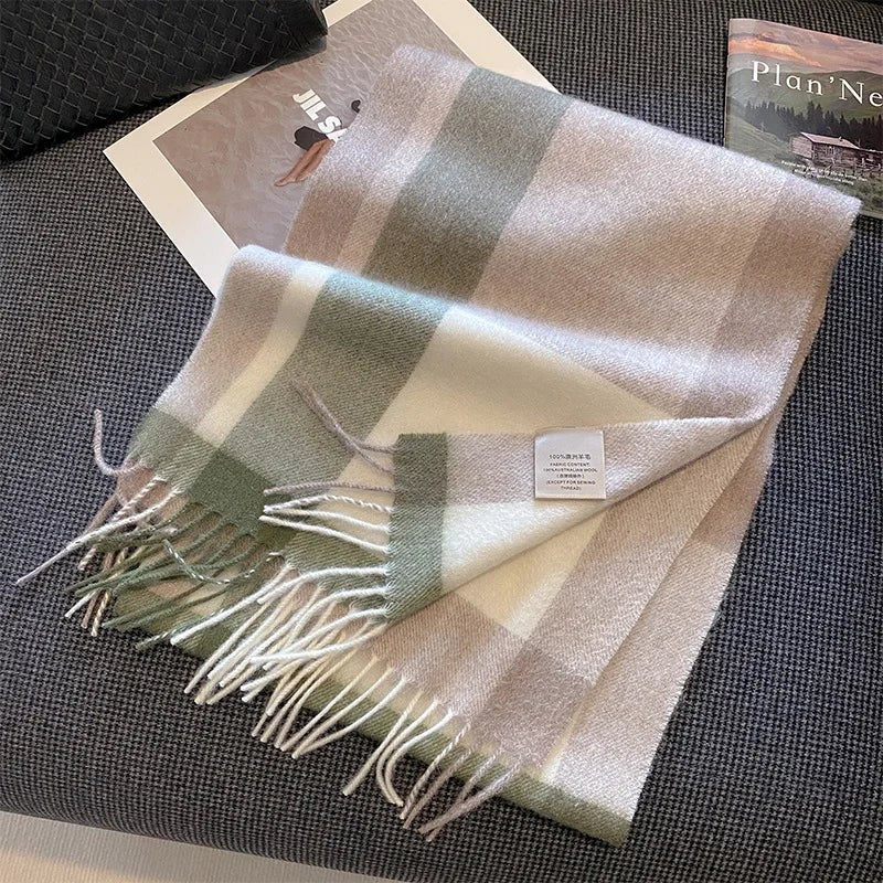 High Quality 100% Pure Wool Plaid Scarf Women Couples Winter Autumn Soft Warm