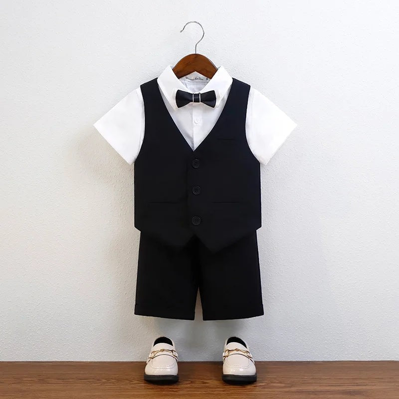 Children Green White Baptism Photography Suit Kids Vest Shirt Shorts Bowtie