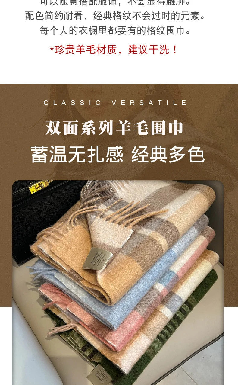 High Quality 100% Pure Wool Plaid Scarf Women Couples Winter Autumn Soft Warm