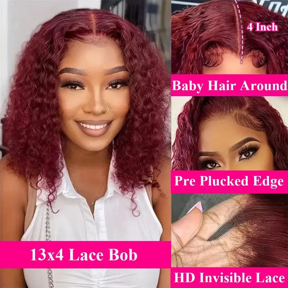 Burgundy 99J Deep Wave Short Bob Wigs 100% Human Hair Wig Water Curly Wig Baby