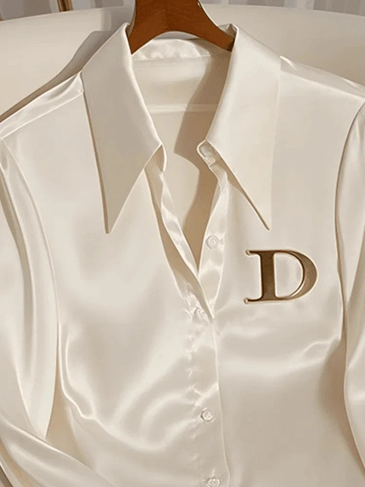 High Quality Fashion Women's White Satin Shirt Turn Down Collar Long Sleeve