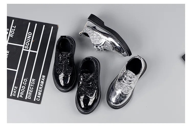 Boys Hollow Out silver Shoes Leather for Kids Party Wedding Dance Shoe Dress