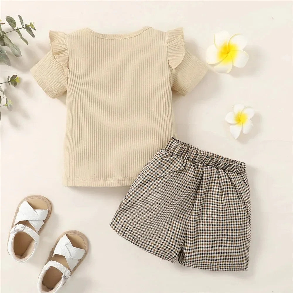 2PCS Toddler Baby Girl Clothing Set Letter Print Short Sleeve Top+Checkered