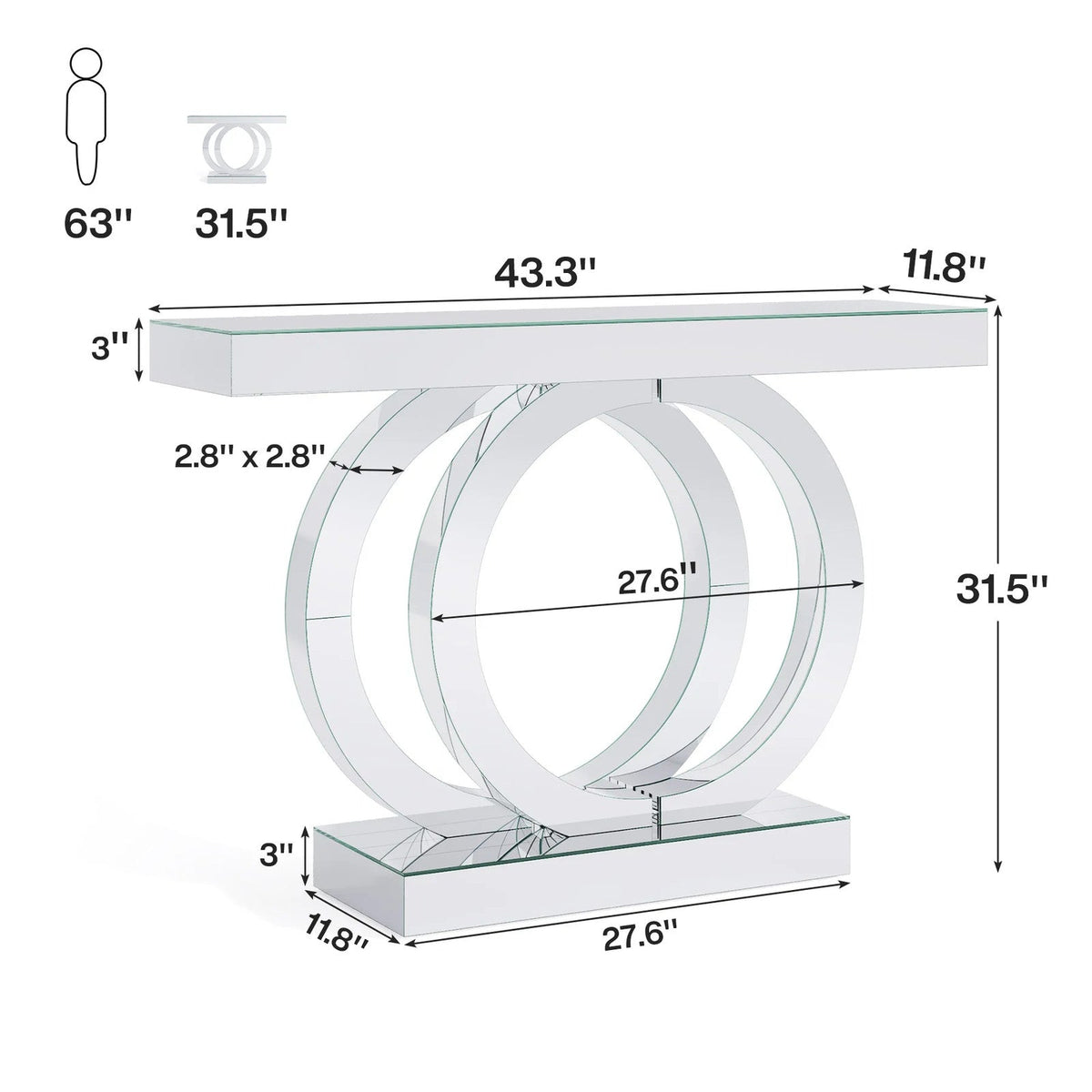 Mirrored Console Table – 110cm | Modern Minimalist Entryway Table | Glass Top | Light Grey & Silver