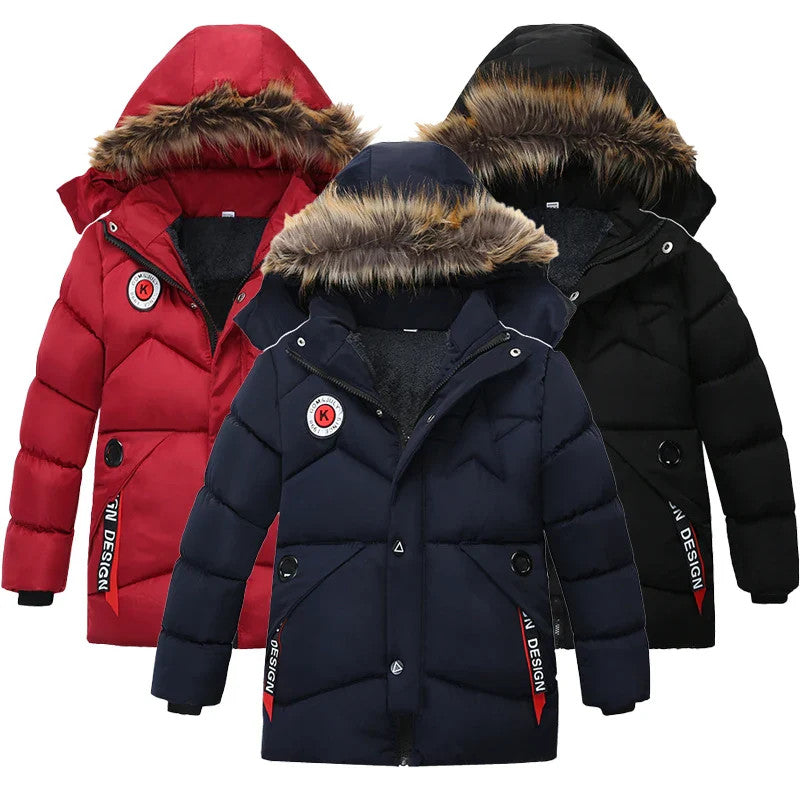2-8 Years Winter Boys Jacket Thick Keep Warm Lining Plush Detachable Hat Hooded