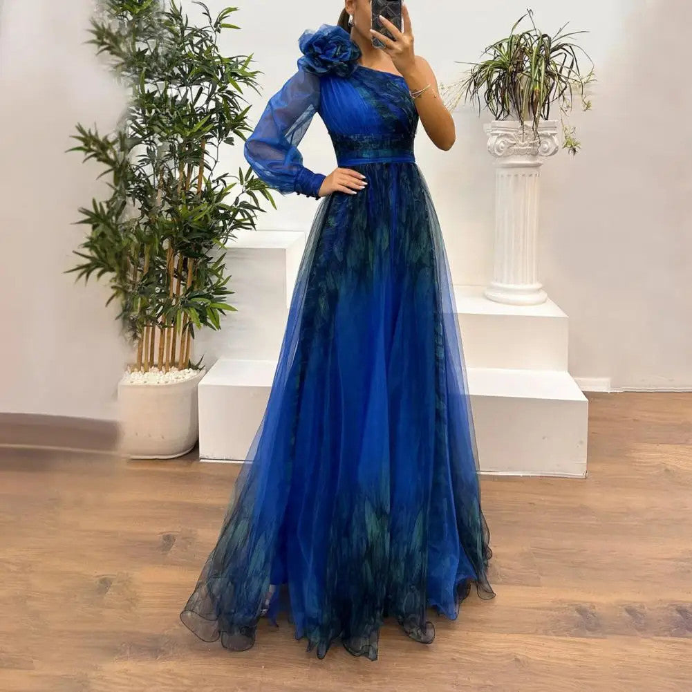 One Shoulder Pleated Chiffon Evening Dress | Floor-Length A-Line | 3D Floral | S–XL