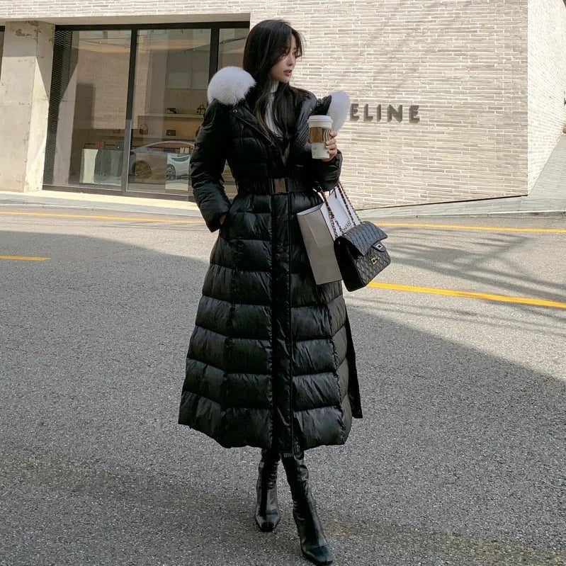 Women's Fashion Long Down Jackets Female Faux Fur Collar Hooded Thick White Duck