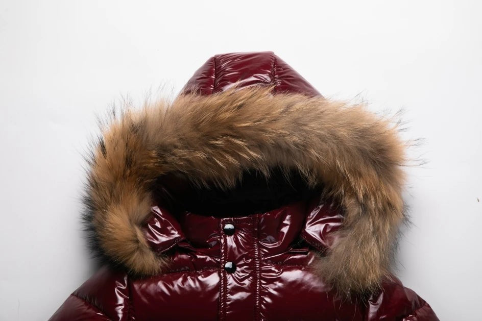 Kids Winter Down Jacket Real Faux Fur Waterproof Shiny Thick Warm Outerwear