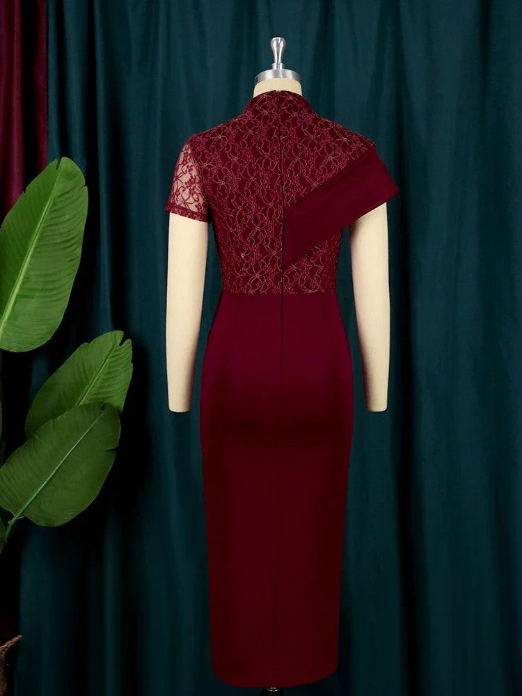 Women's High Neck Lace Patchwork Bodycon Midi Dress – Slim Sheath Evening Gown | Polyester | S–4XL | Black & Wine