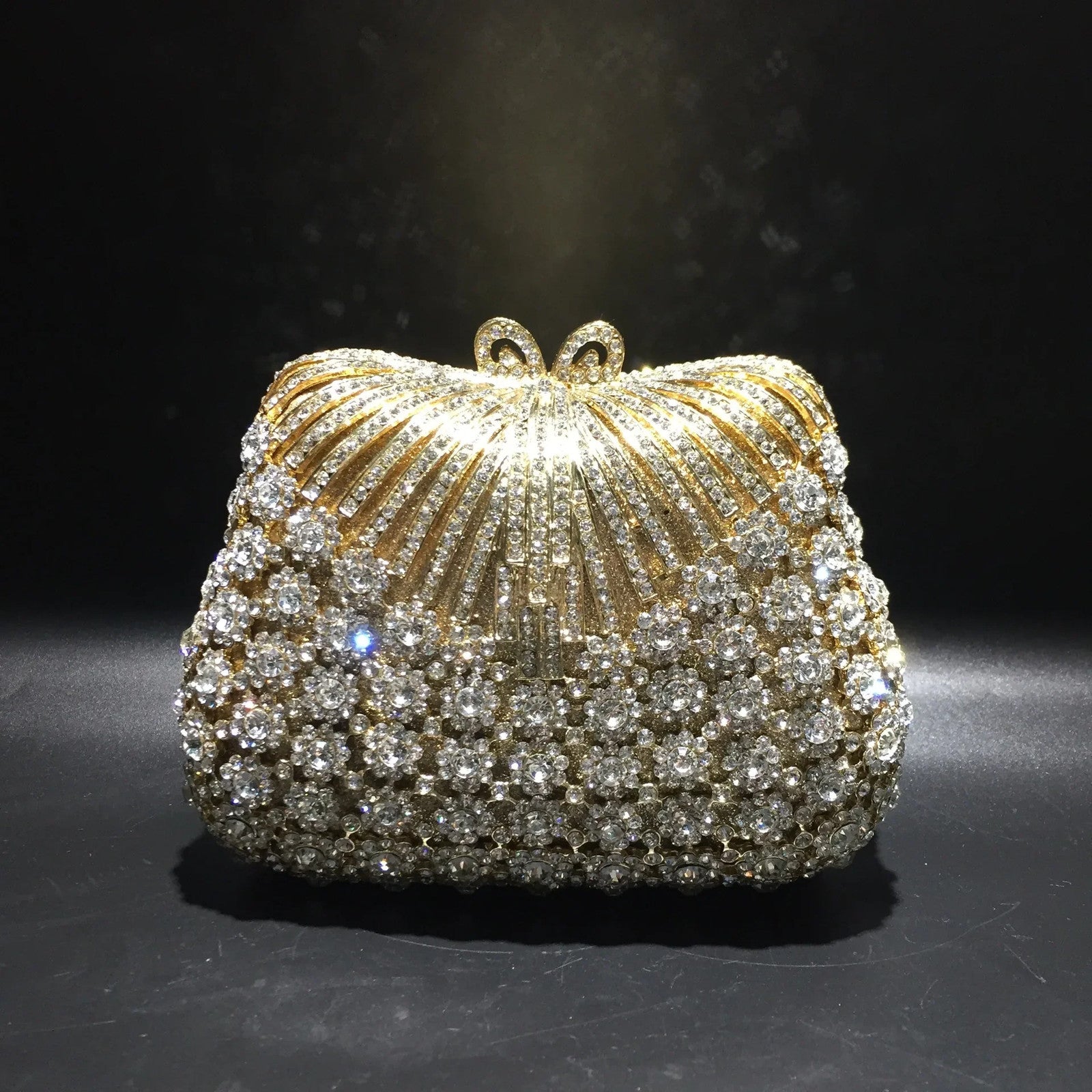 Women Gold Color Flower Rhinestones Clutch Bags Crystal Evening Purse Stones
