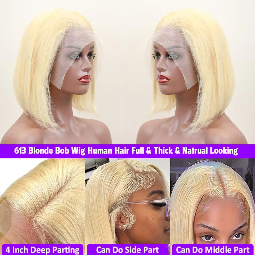 613 Blonde Short Bob Wig Transparent Lace Front Human Hair Wigs Straight 13X4