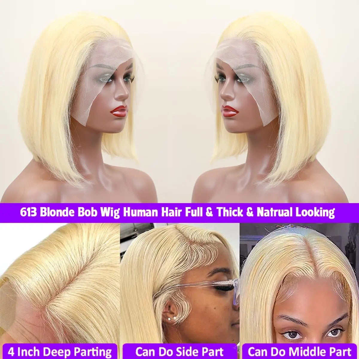 613 Blonde Short Bob Wig Transparent Lace Front Human Hair Wigs Straight 13X4