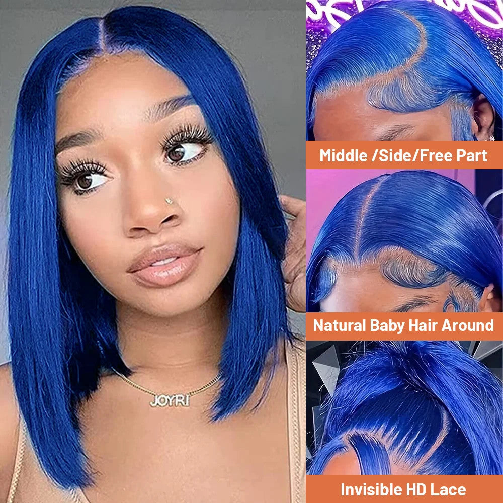 Brazilian Hair Straight Navy Blue Bob Human Hair Wig 180 Density 13x4 HD Lace