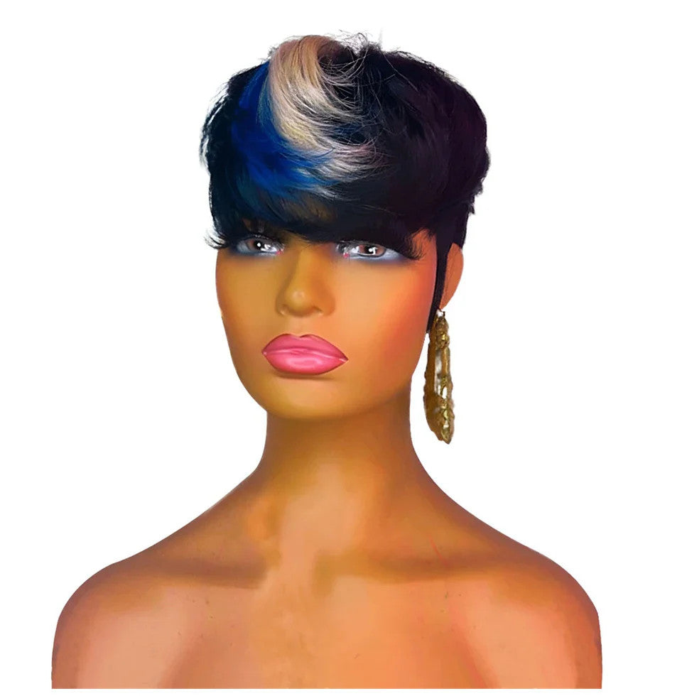 613 Blue Highlight Short Straight Bob Wigs Pixie Human Hair Wig With Bangs Full