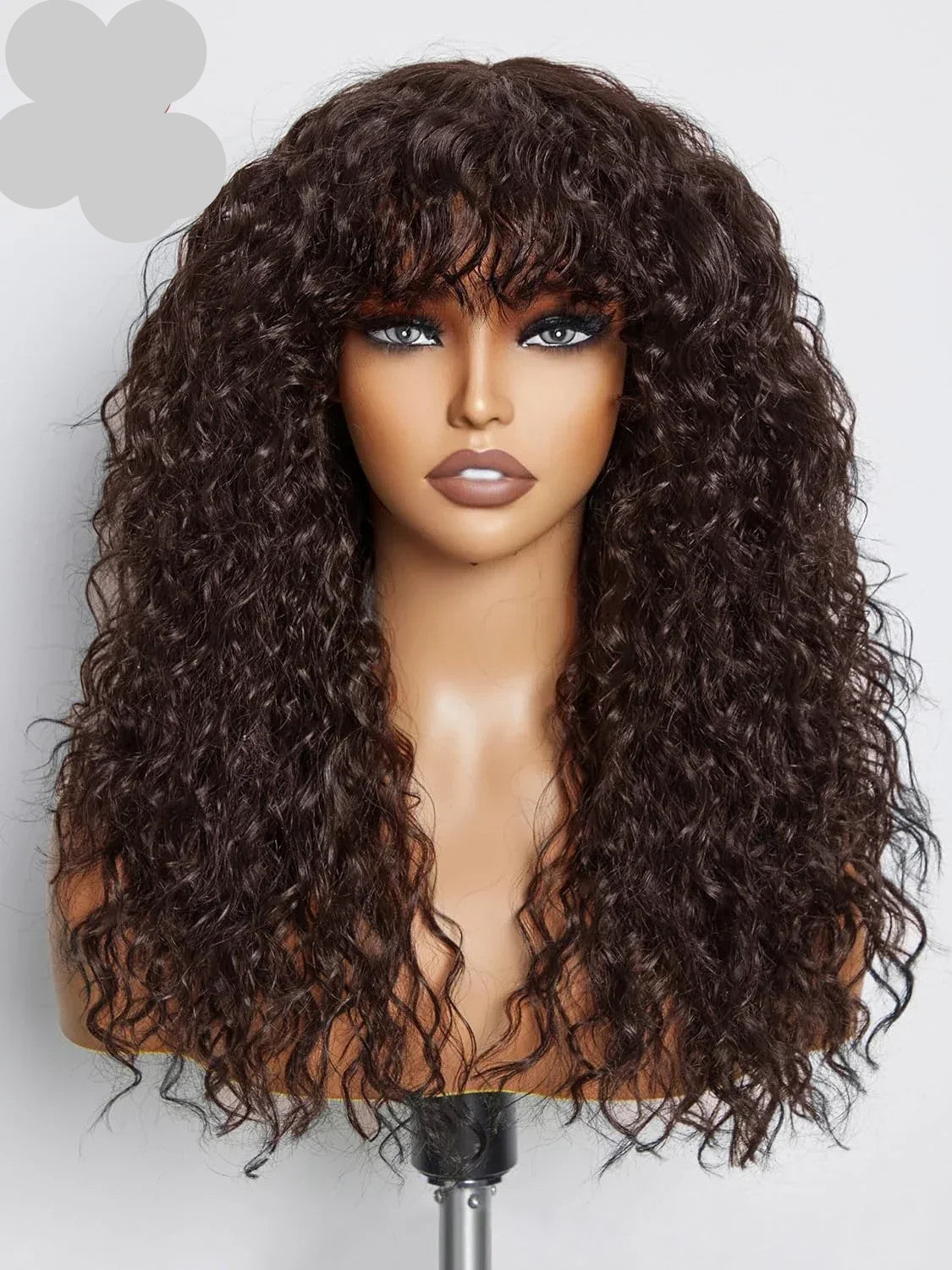 100% Human Hair Wigs with Bang Full Wig Brown Black Highlight Water Wave