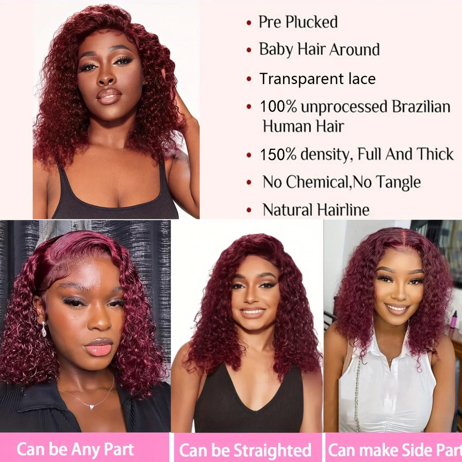 Burgundy 99J Deep Wave Short Bob Wigs 100% Human Hair Wig Water Curly Wig Baby