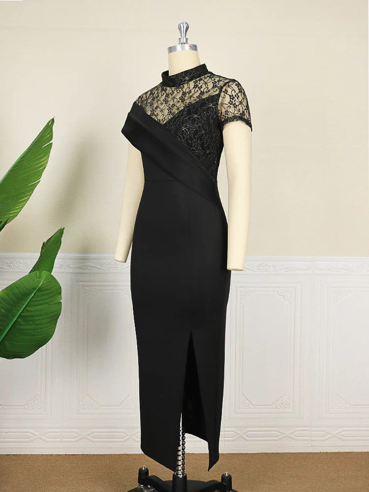 Black Long Prom Dresses High Neck Lace Patchwork Bodycon Women Evening Cocktail